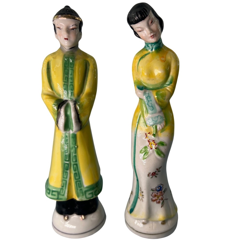Vintage Made in Occupied Japan Porcelain Asian Figurine Pair Yellow Green 7.5" - Picture 1 of 8